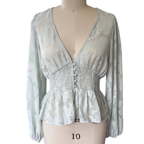 Lulus Tops - Lulu's Soft Mint Green Sheer Floral Blouse  size Large